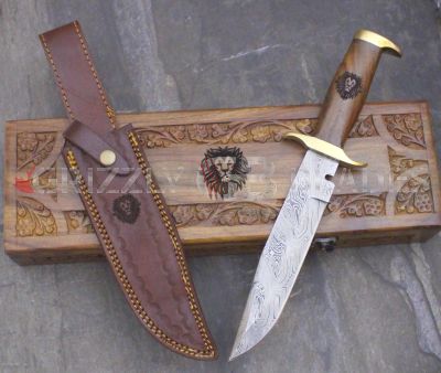DAMASCUS STEEL CUSTOM HANDMADE HUNTING BOWIE KNIFE 13" - LION