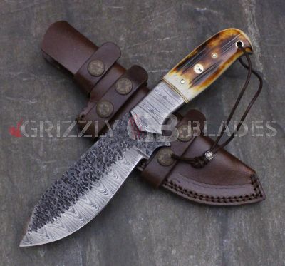 HAMMERED  Damascus Steel Custom Handmade Hunting Skinning Knife 10.5"