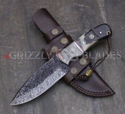 HAMMERED Damascus Steel Custom Handmade Hunting Skinning Knife 10" ram