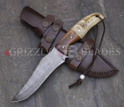 Damascus Steel Custom Handmade Hunting Skinning Knife 10" ram
