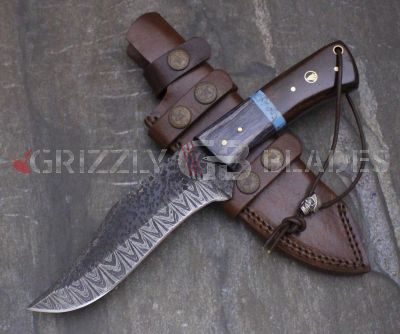 HAMMERED Damascus Steel Custom Handmade HUNTING SKINNING Knife 10.5"