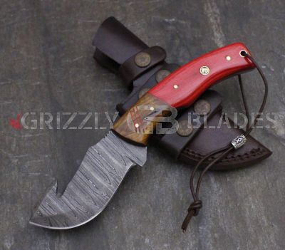 GUT HOOK Damascus Steel Custom Handmade Hunting Skinning Knife 9.5" red