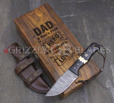 DAMASCUS STEEL CUSTOM HANDMADE HUNTING BUSHCRAFT SKINNING KNIFE 8.5" - DAD A SON'S FIRST HERO-A DAUGHTER'S FIRST LOVE