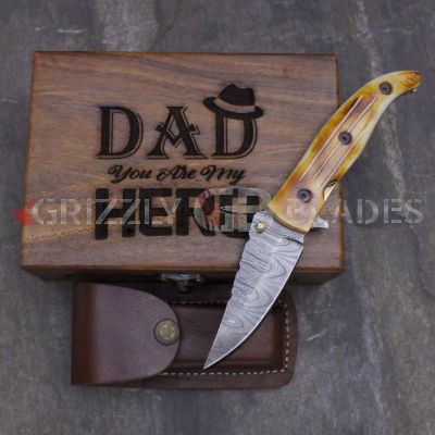DAMASCUS STEEL CUSTOM HANDMADE FOLDING/POCKET KNIFE 8.5" - DAD You Are My HERO