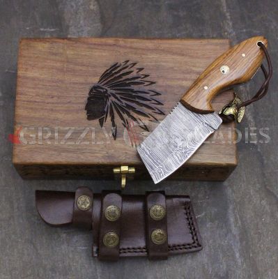 DAMASCUS STEEL CUSTOM HANDMADE SKINNING MINI CLEAVER KNIFE 7" - APACHE