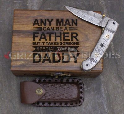 FULL DAMASCUS STEEL CUSTOM HANDMADE FOLDING/POCKET KNIFE 8" - ANY MAN CAN BE A FATHER BUT IT TAKES SOMEONE SPECIAL TO BE A DADDY