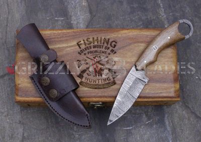 DAMASCUS STEEL CUSTOM HANDMADE HUNTING SKINNING KNIFE 9" - FISHING SOLVES MOST OF MY PROBLEMS - HUNTING SOLVES THE REST