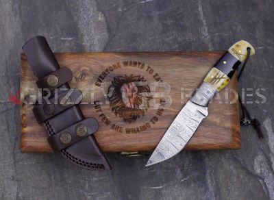 DAMASCUS STEEL CUSTOM HANDMADE HUNTING SKINNING KNIFE 8" - LION