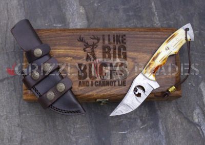 Damascus Steel Custom Handmade Hunting Skinning Knife 8.5" - I LIKE BIG BUCKS AND I CANNOT LIE