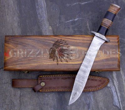 DAMASCUS STEEL CUSTOM HANDMADE HUNTING BOWIE KNIFE 15" - APACHE