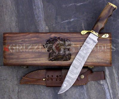 DAMASCUS STEEL CUSTOM HANDMADE HUNTING BOWIE KNIFE 15" -  WOLF