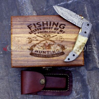 DAMASCUS STEEL CUSTOM HANDMADE FOLDING/POCKET Knife 8" - FISHING