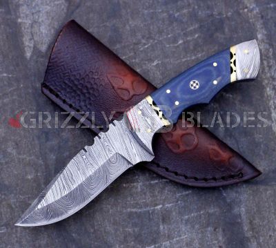 Damascus Steel Custom Handmade Hunting Bushcraft Skinning Knife 8.5" - Blue