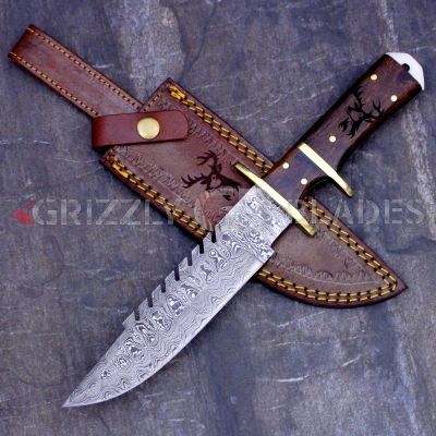 DAMASCUS STEEL CUSTOM HANDMADE HUNTING BOWIE KNIFE 12.5"