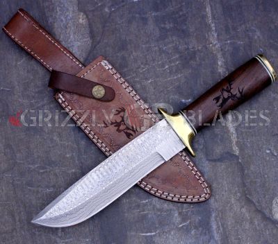 DAMASCUS STEEL CUSTOM HANDMADE HUNTING BOWIE KNIFE 12"