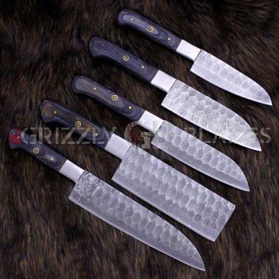 SET OF FIVE DAMASCUS STEEL CUSTOM HANDMADE KITCHEN CHEF KNIVES 10",11",11.5",12",13"