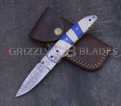 DAMASCUS STEEL CUSTOM HANDMADE FOLDING/POCKET Knife 8" - Pocket Clip
