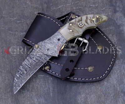 HAMMERED DAMASCUS STEEL CUSTOM HANDMADE FOLDING/POCKET Knife 7.5"