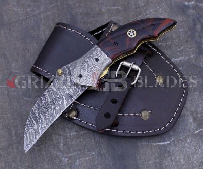 HAMMERED DAMASCUS STEEL CUSTOM HANDMADE FOLDING/POCKET Knife 7.5" RED