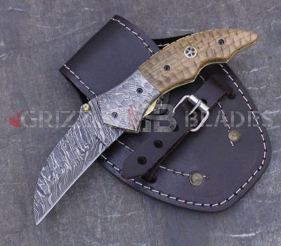 HAMMERED DAMASCUS STEEL CUSTOM HANDMADE FOLDING/POCKET Knife 7.5" OLIVE