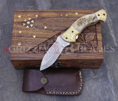 DAMASCUS STEEL CUSTOM HANDMADE FOLDING/POCKET Knife 8.5" box