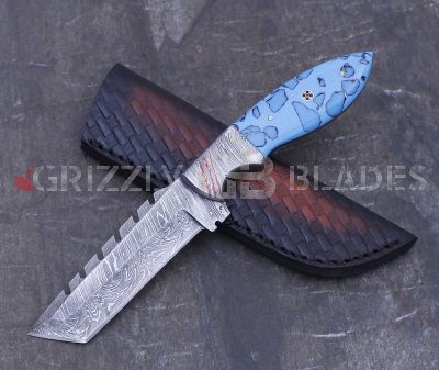 Damascus Steel Custom Handmade Hunting Skinning Knife 9.5" BLUE BLACK