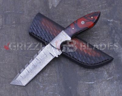 Damascus Steel Custom Handmade Hunting Skinning Knife 9.5" RED