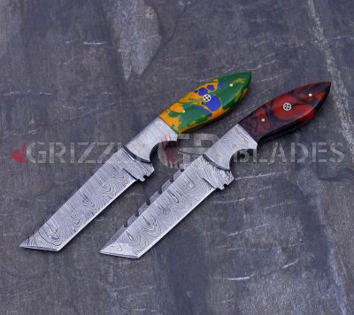 SET OF TWO Damascus Steel Custom Handmade Hunting Skinning Knives 9.5" GREEN - RED