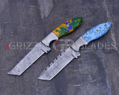 SET OF TWO Damascus Steel Custom Handmade Hunting Skinning Knives 9.5" GREEN - BLUE