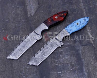 SET OF TWO Damascus Steel Custom Handmade Hunting Skinning Knives 9.5" BLUE - RED