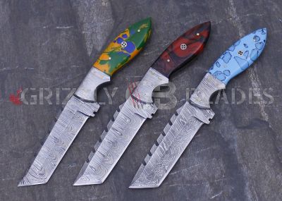 SET OF THREE Damascus Steel Custom Handmade Hunting Skinning Knives 9.5" actylic