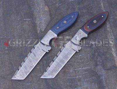 SET OF TWO Damascus Steel Custom Handmade Hunting Skinning Knives 9.5" BLUE - WALNUT