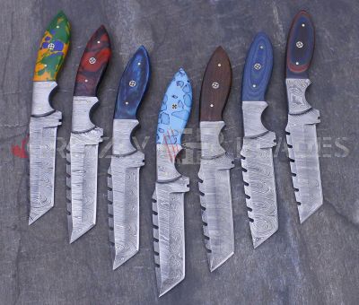 SET OF SEVEN Damascus Steel Custom Handmade Hunting Skinning Knives 9.5" acrylic