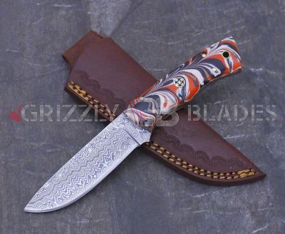 Damascus Steel Custom Handmade Hunting Skinning Knife 8" RED