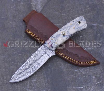 Damascus Steel Custom Handmade Hunting Skinning Knife 8" WHITE