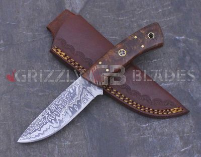 Damascus Steel Custom Handmade Hunting Skinning Knife 8" BROWN