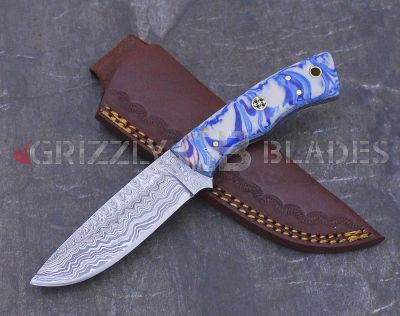 Damascus Steel Custom Handmade Hunting Skinning Knife 8" BLUE WHITE