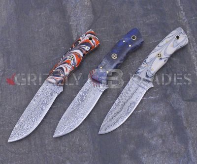 SET OF THREE Damascus Steel Custom Handmade Hunting Skinning Knives 8" acrylic