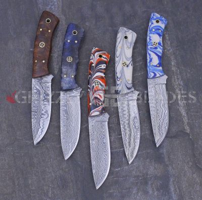 SET OF FIVE Damascus Steel Custom Handmade Hunting Skinning Knives 8" acrylic