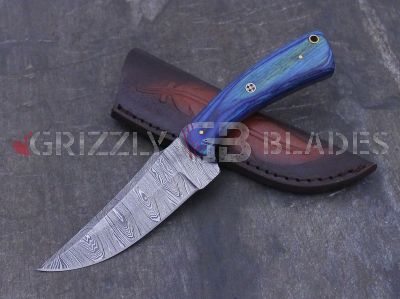 Damascus Steel Custom Handmade Hunting Skinning Knife 9" Blue
