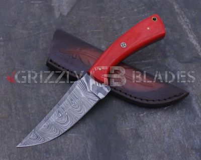 Damascus Steel Custom Handmade Hunting Skinning Knife 9" red
