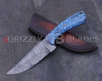 Damascus Steel Custom Handmade Hunting Skinning Knife 9" Blue