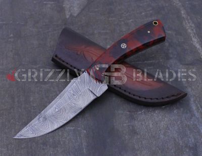 Damascus Steel Custom Handmade Hunting Skinning Knife 9" Red