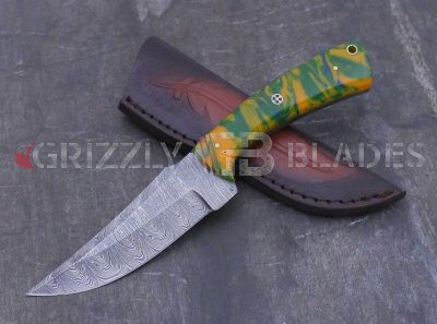 Damascus Steel Custom Handmade Hunting Skinning Knife 9" Green