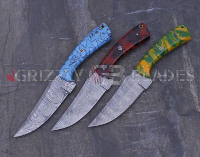 SET OF THREE Damascus Steel Custom Handmade Hunting Skinning Knives 9" Blue-GREEN-RED