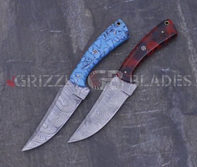 SET OF TWO Damascus Steel Custom Handmade Hunting Skinning Knives 9" Blue & Red