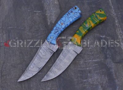 SET OF TWO Damascus Steel Custom Handmade Hunting Skinning Knives 9" Blue & Green