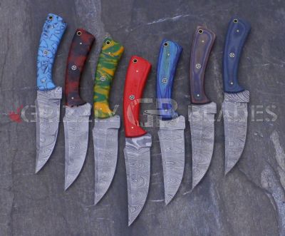 SET OF SEVEN Damascus Steel Custom Handmade Hunting Skinning Knives 9"