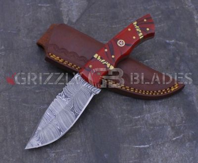 Damascus Steel Custom Handmade Hunting Skinning Knife 8.5" RED