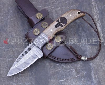 PUNISHER Damascus Steel Custom Handmade Hunting Skinning Knife 8.5"